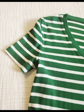 Tommy Hilfiger Green and White Striped V-Neck Tee